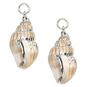 Drop, nassa shell (natural) and silver-plated steel, white / light brown / dark brown, 26x14mm. Sold per pkg of 2.