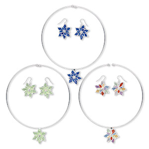 Neckwire and earring set, steel and acrylic, assorted color, flower design, 15&quot; to 16&quot; neckwire, earrings with fishhook wire. Sold per pkg of 3 sets.