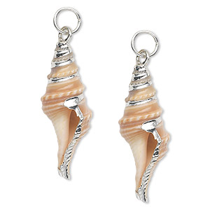 Drop, turrid shell (natural) and silver-plated steel, white and tan, 28x10mm. Sold per pkg of 2.