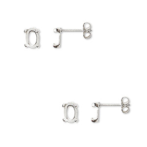 Earstud, Cab-Tite&#153;, sterling silver, 6x4mm 4-prong oval setting Sold per pkg of 2 pairs.