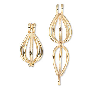 Drop, gold-finished brass, 15x10.5mm teardrop bead cage. Sold individually.