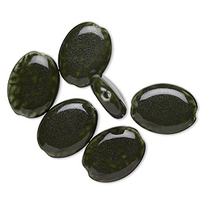 Bead, glazed porcelain, dark green, 29x22mm flat oval with 3mm hole. Sold per pkg of 6.