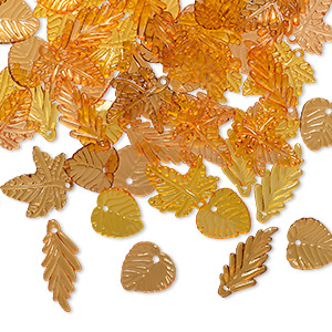 Drop mix, acrylic, transparent yellow / orange / brown, 15x15mm double-sided round leaf / 21x20mm double-sided oak leaf / 25x11mm double-sided long leaf. Sold per 1/8 pound pkg, approximately 250 drops.