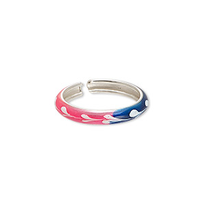 Ring, sterling silver and enamel, pink / blue / white, 3mm wide with heart design, adjustable. Sold individually.