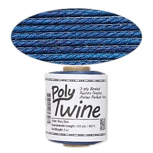 Cord, 3-ply bonded polyester twine, navy blue, 1mm diameter. Sold per 2-ounce spool.