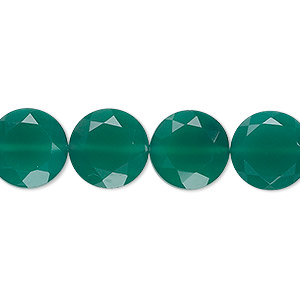 Bead, green onyx (dyed), 12mm hand-cut faceted flat round, B grade, Mohs hardness 6-1/2 to 7. Sold per pkg of 10.