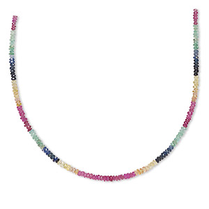 Bead, emerald and multi-sapphire (heated), light to dark, 2x1mm-3.5x2.5mm hand-cut faceted rondelle, B grade, Mohs hardness 9. Sold per 8-inch strand, approximately 140 beads.