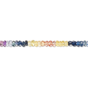 Bead, multi-sapphire (heated), 2.5x1mm-3.5x2mm hand-cut faceted rondelle, B grade, Mohs hardness 9. Sold per 8-inch strand, approximately 130 beads.