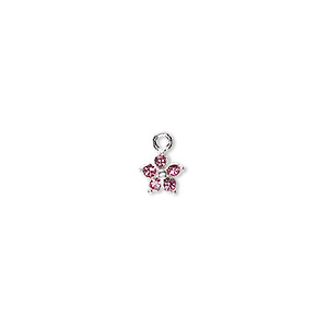 Charm, crystals and sterling silver, rose, 6mm single-sided flower ...