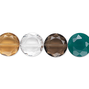 Bead, multi-quartz and green onyx (natural / heated / dyed / irradiated), 12mm hand-cut faceted flat round, B grade, Mohs hardness 6-1/2 to 7. Sold per pkg of 10.