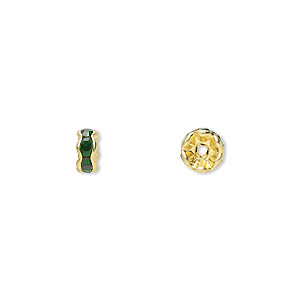 Bead, glass rhinestone and gold-finished brass, emerald green, 5x2mm rondelle. Sold per pkg of 10.