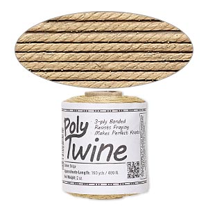 Cord, 3-ply bonded polyester twine, beige, 1mm diameter. Sold per 2-ounce spool.