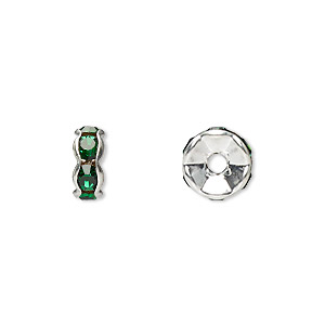 Bead, glass rhinestone and silver-plated brass, emerald green, 8x4mm rondelle. Sold per pkg of 10.