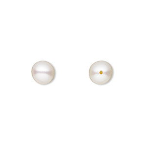 Pearl, cultured saltwater (bleached), white to light mauve or peach, 7-7.5mm half-drilled round, B- grade, Mohs hardness 2-1/2 to 4. Sold per pair.