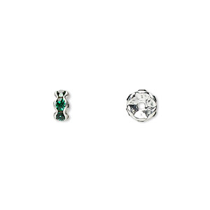 Bead, glass rhinestone and silver-plated brass, emerald green, 5x2mm rondelle. Sold per pkg of 10.
