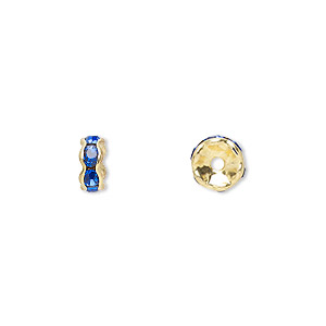 Bead, glass rhinestone and gold-finished brass, sapphire blue, 6x3mm rondelle. Sold per pkg of 10.