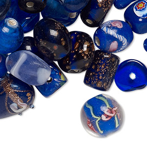 Bead mix, lampworked glass, blue with fancy finish, 7x4mm-14x11mm mixed shapes. Sold per pkg of 100-grams, approximately 60-100 beads.
