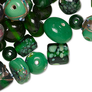 Bead mix, lampworked glass, dark green with fancy finish, 7x4mm-14x11mm mixed shapes. Sold per pkg of 100-grams, approximately 60-100 beads.