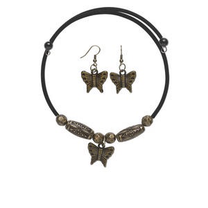Necklace and earring set, acrylic / velveteen / steel memory wire, black and antique brass, 23x21mm butterfly, adjustable 16- to 18-inch choker-style necklace, 1-1/2 inch earrings with fishhook ear wire. Sold per set.