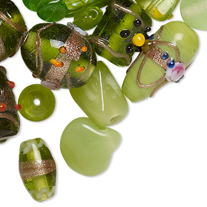 Bead mix, lampworked glass, peridot green with fancy finish, 7x4mm-14x11mm mixed shapes. Sold per pkg of 100-grams, approximately 60-100 beads.