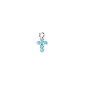 Drop, Preciosa Czech crystal and sterling silver, turquoise, 7x5mm cross. Sold per pkg of 2.