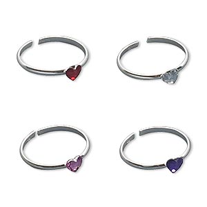 Toe ring, sterling silver and crystal, assorted colors, 3.5mm wide with heart, adjustable. Sold per pkg of 4.