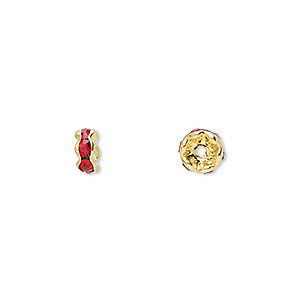 Bead, glass rhinestone and gold-finished brass, red, 5x2mm rondelle. Sold per pkg of 10.