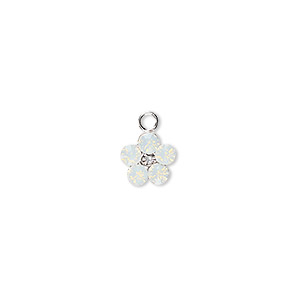 Charm, crystals and sterling silver, white opal, 8mm flower. Sold per pkg of 2.