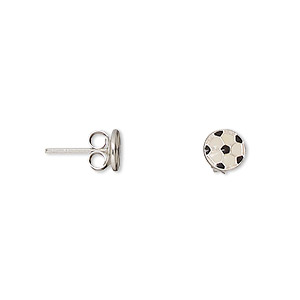 Earstud, sterling silver and enamel, white and black, 6mm soccer ball. Sold per pair.