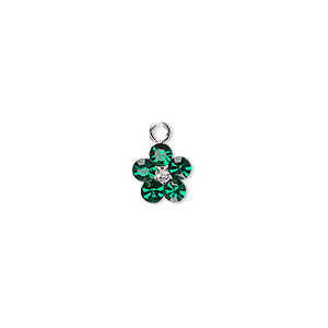 Charm, crystals and sterling silver, emerald, 8mm flower. Sold per pkg of 2.