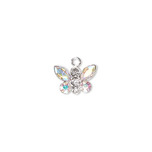 Charm, crystals and sterling silver, crystal AB, 12x8mm butterfly. Sold individually.