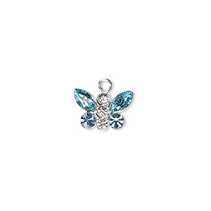 Charm, crystals and sterling silver, crystal clear and aquamarine, 12x8mm butterfly. Sold individually.
