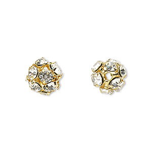 Bead, glass rhinestone and gold-finished brass, clear, 8mm round. Sold per pkg of 10.