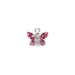 Charm, crystals and sterling silver, crystal clear and rose, 12x8mm butterfly. Sold individually.