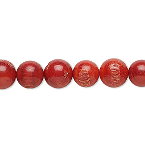 Bead, bamboo coral (dyed), medium to dark red, 7-8mm round, C grade, Mohs hardness 3-1/2 to 4. Sold per 16-inch strand.