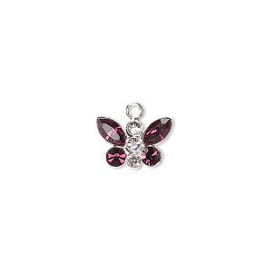 Charm, crystals and sterling silver, crystal clear and amethyst, 12x8mm butterfly. Sold individually.
