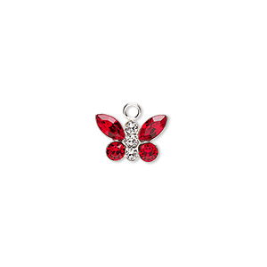 Charm, Preciosa Czech crystals and sterling silver, crystal clear and Siam, 12x8mm butterfly. Sold individually.