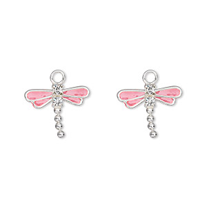 Charm, crystals / sterling silver / enamel, pink and crystal clear, 13x11mm single-sided dragonfly. Sold per pkg of 2.