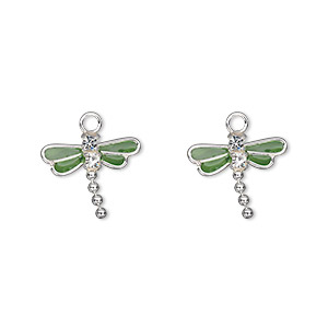 Charm, crystals / sterling silver / enamel, green and crystal clear, 13x11mm single-sided dragonfly. Sold per pkg of 2.