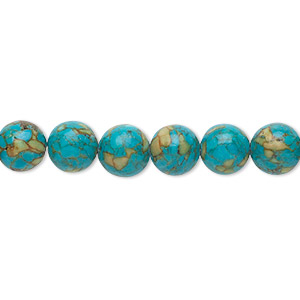Bead, mosaic &quot;turquoise&quot; (magnesite) (dyed / assembled), blue, 8mm round, B grade, Mohs hardness 3-1/2 to 4. Sold per 15-1/2&quot; to 16&quot; strand.