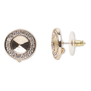 Earstud, Almost Instant Jewelry&reg;, cubic zirconia and gold-finished pewter (tin-based alloy), clear, 15.5mm round comfort clutch with SS39 rivoli setting. Sold per pair.