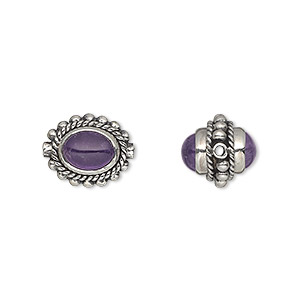Bead, amethyst (natural) and antiqued sterling silver, 13x11mm oval with 8x6mm oval cabochon. Sold individually.