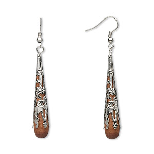 Earring, imitation rhodium-plated steel and wood, 50mm filigree capped teardrop, 2-1/2 inches with fishhook ear wire. Sold per pair.