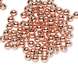 Bead, clear-coated copper, 4mm round. Sold per pkg of 100.