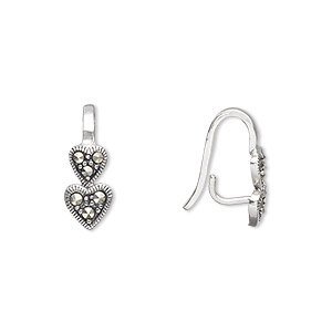 Bail, prong, sterling silver and marcasite, 6 stones, 16x6mm double heart design with 11mm grip length. Sold individually.