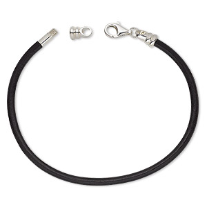 Bracelet cord, Dione&reg;, leather (dyed) and sterling silver, black, 3mm round with twist-off end, 7 inches with lobster claw clasp. Sold individually.