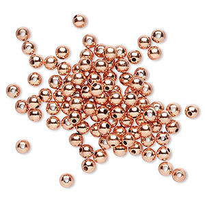 Bead, clear-coated copper, 3mm round. Sold per pkg of 100.