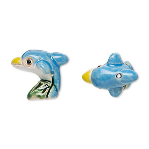 Bead, glazed ceramic, multicolored, 17x15mm hand-painted dolphin. Sold per pkg of 2.