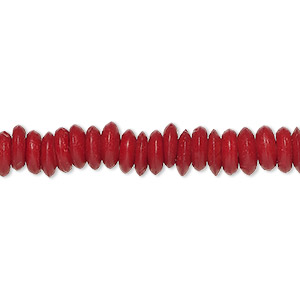 Bead, bone (dyed), red, 7x2mm saucer, Mohs hardness 2-1/2. Sold per 15-1/2&quot; to 16&quot; strand.