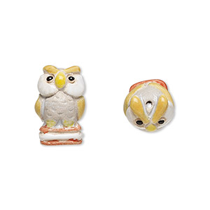 Bead, glazed ceramic, multicolored, 15x8mm hand-painted owl. Sold per ...